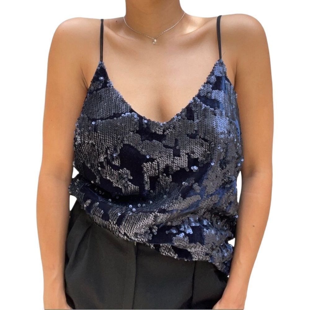 Ro & De Velvet Sequin Party Camisole Top Women’s Sleeveless Blue tank $68 NEW